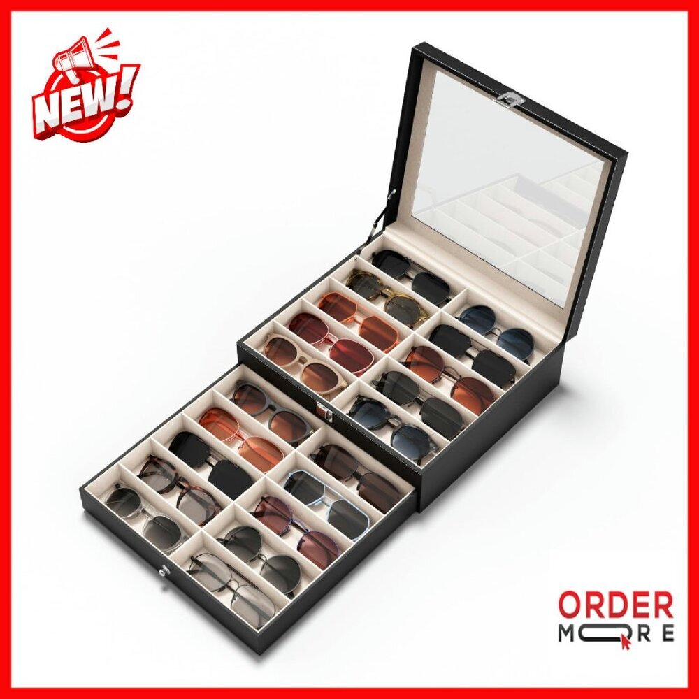 20 Slot Sunglass Organizer with UV-Blocking Lid & Velvet Lining